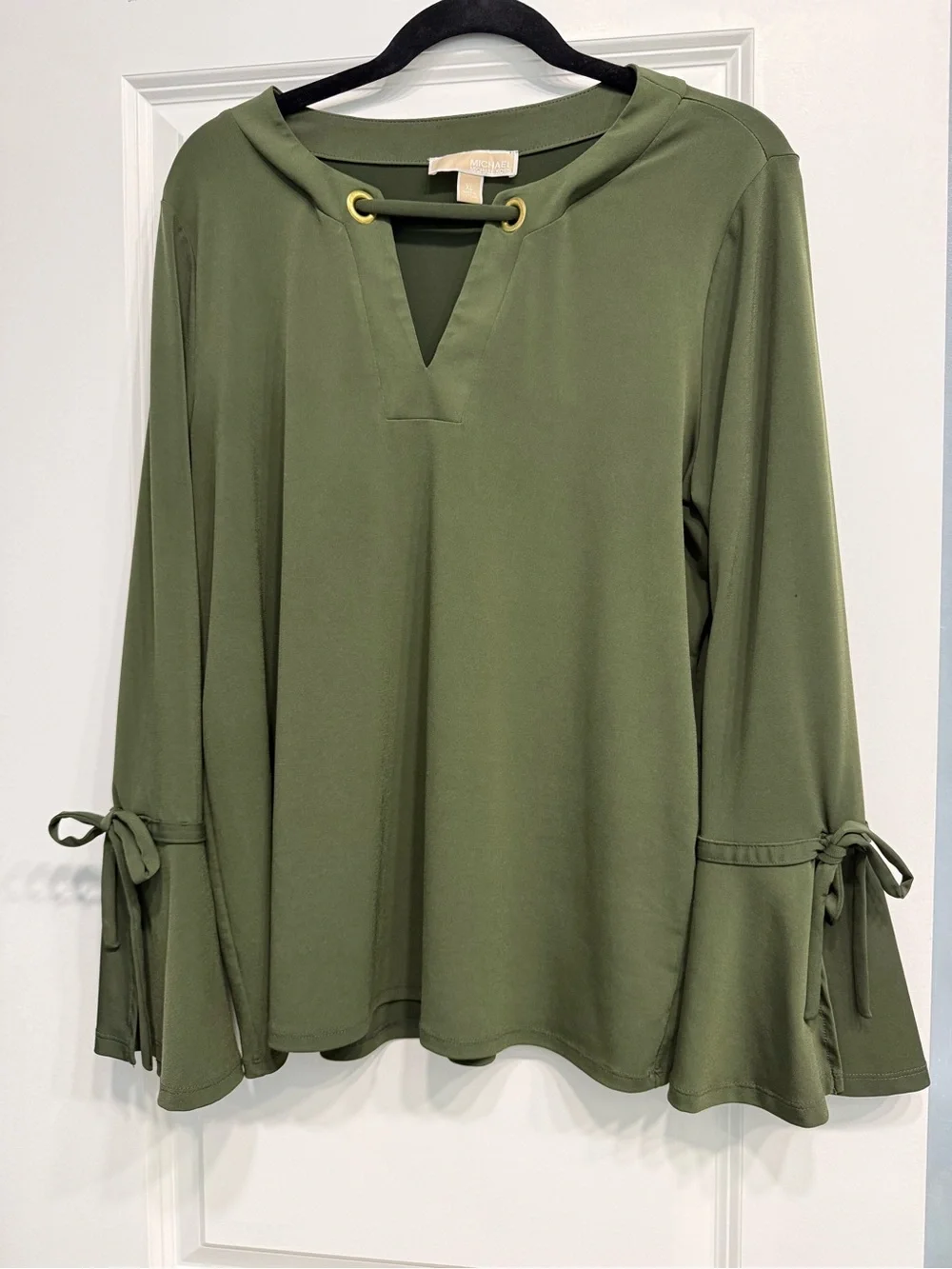 Michael Kors Olive Green V-Notch Tie-Sleeve Blouse